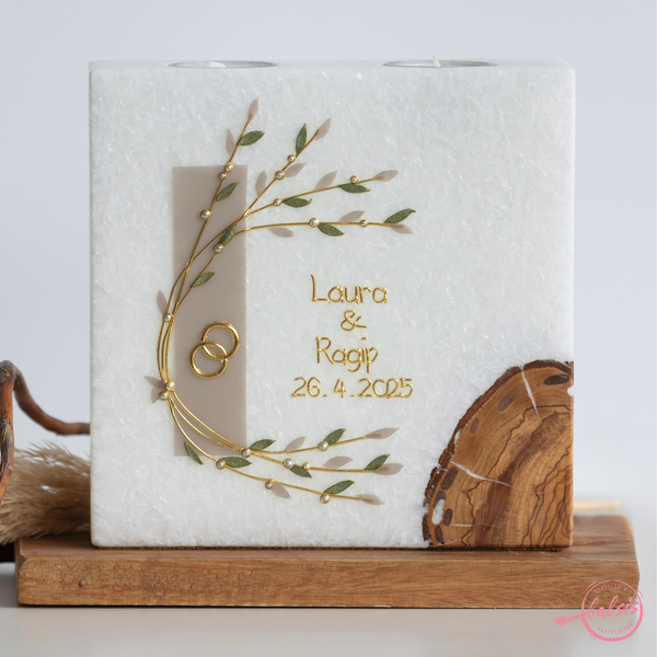 Hochzeitskerze Blätterranke beige grün Stearin im Landhausstil mit Olivenholzeinsatz Teelichteinsatz quadratisch 20x20x7 cm