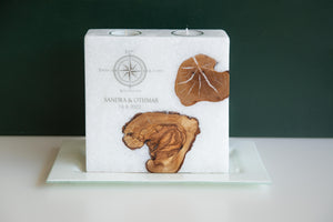 Hochzeitskerze Stearin Kompass Kristall Holzkerze im Landhausstil mit Olivenholzeinsatz quadratisch 20x20x7 cm