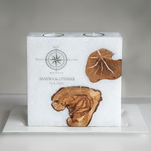 Hochzeitskerze Stearin Kompass Kristall Holzkerze im Landhausstil mit Olivenholzeinsatz quadratisch 20x20x7 cm