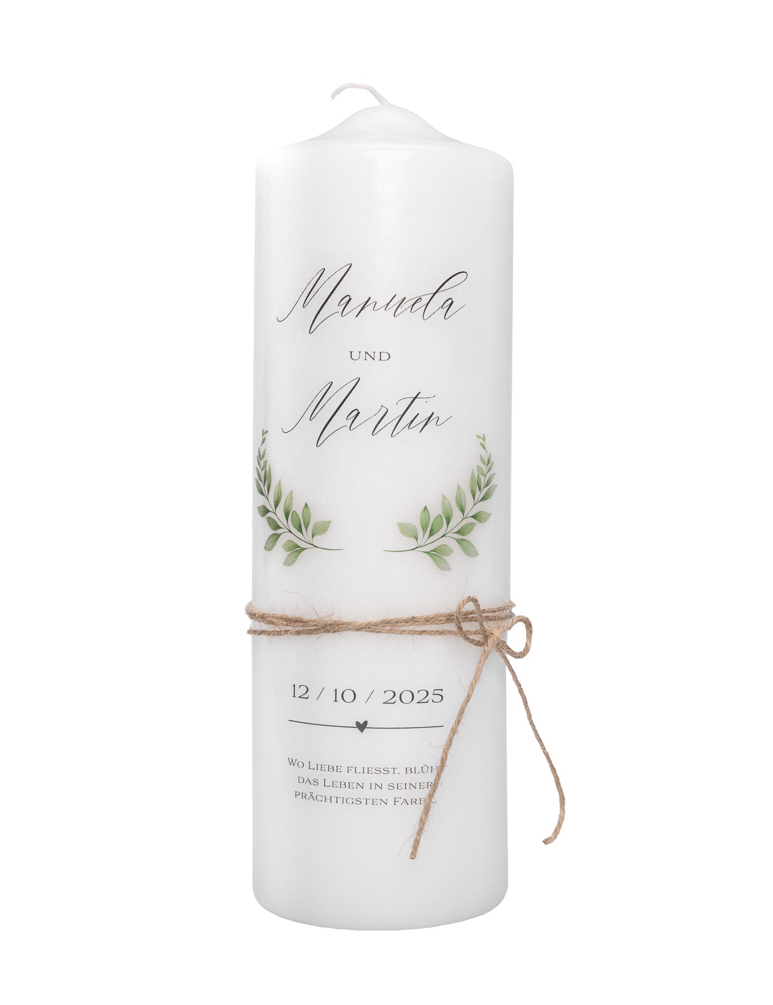 Hochzeitskerze mit grünen Zweigen und Kordel 23x8cm