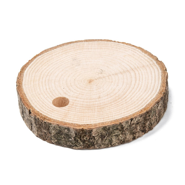 Holzscheiben natur 8-9cm Dicke 8mm Lochbohrung 5mm 5 Stück/Pkg