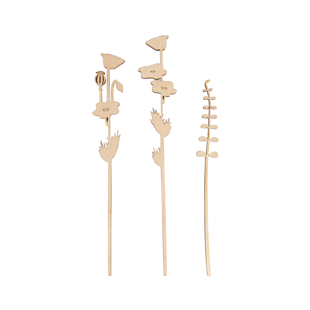 Holzstecker Mohn und Gras FSC Mix natur Lasercut 3 Stück 16+18,5+20cm