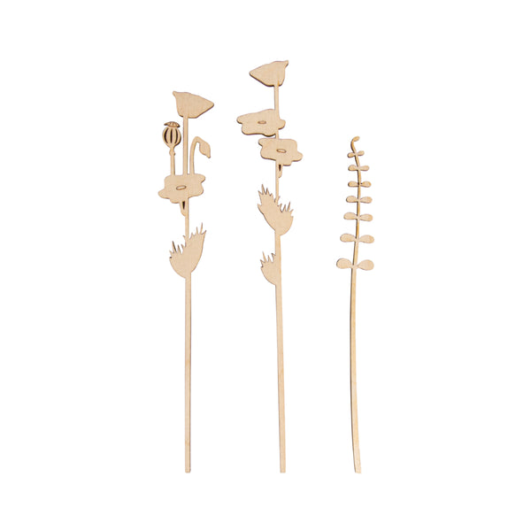 Holzstecker Mohn und Gras FSC Mix natur Lasercut 3 Stück 16+18,5+20cm