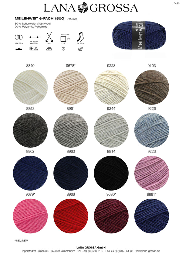 Lana Grossa Meilenweit 150 6-fach Sockenwolle waschmaschinenfest 150g / 390m