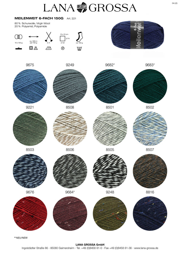 Lana Grossa Meilenweit 150 6-fach Sockenwolle waschmaschinenfest 150g / 390m