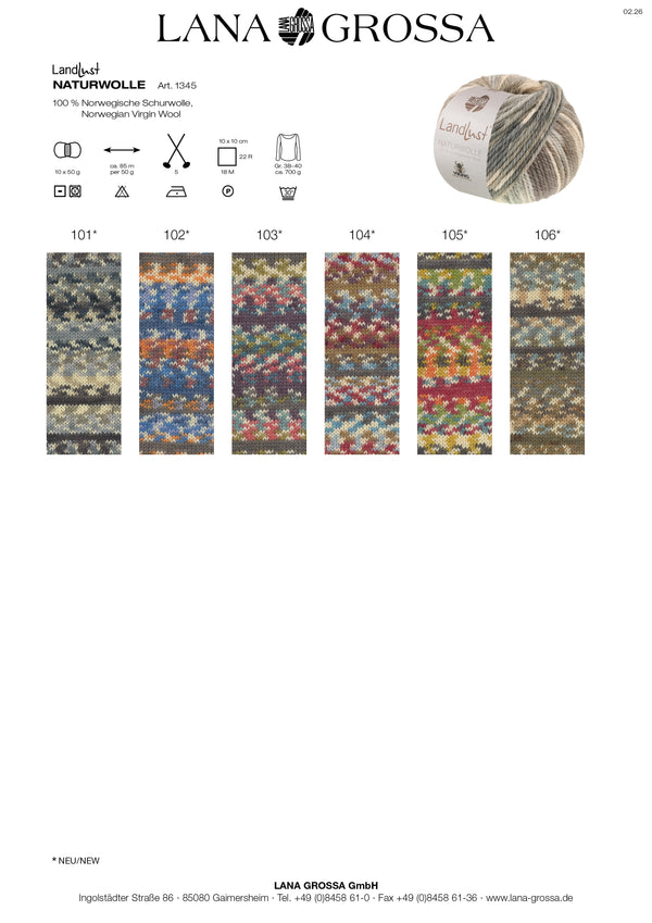 Lana Grossa Landlust Print Naturwolle Uni 100% norwegische Schurwolle klassisch verzwirnt 50g /85m