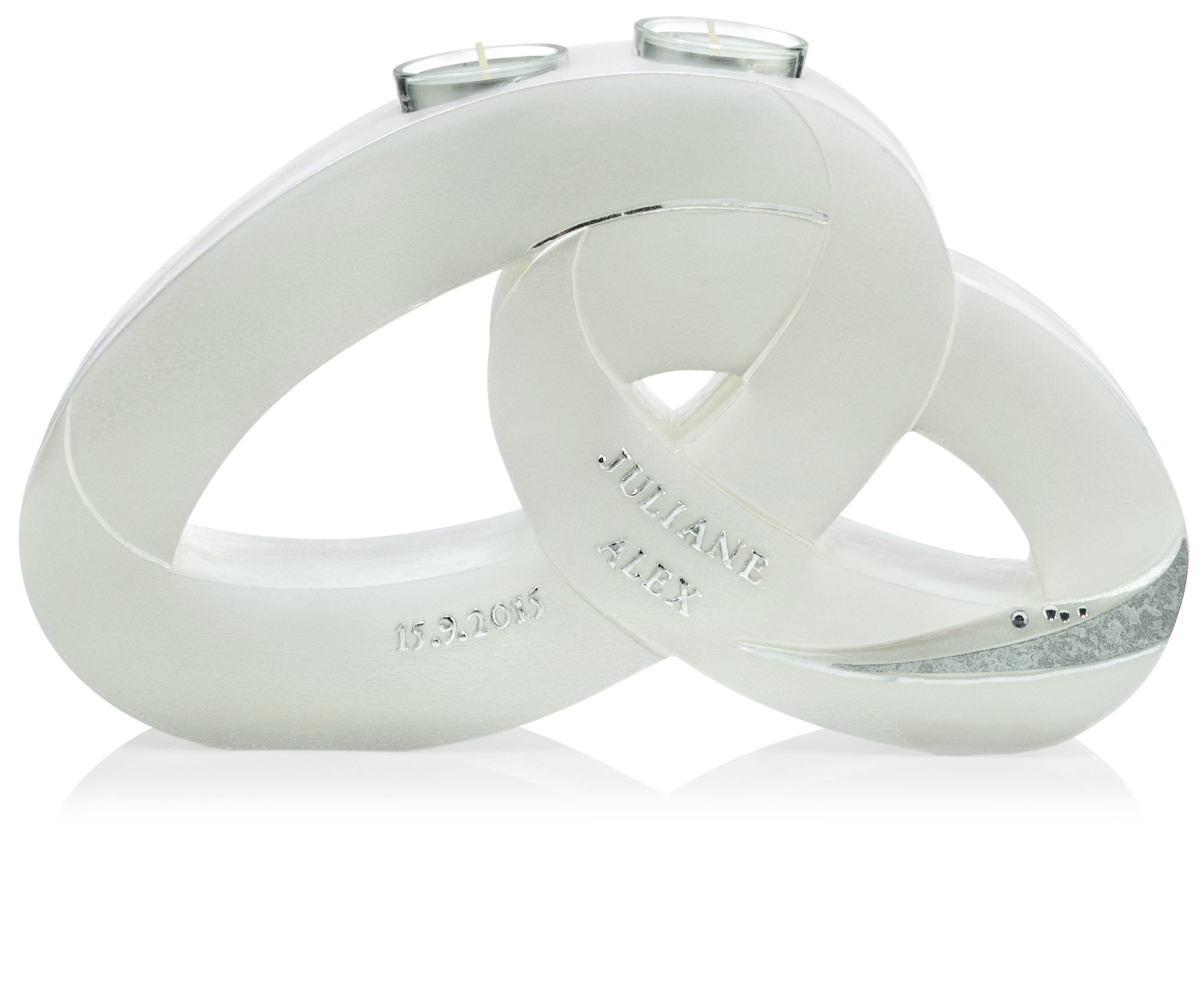 Hochzeitskerze Rohling Eheringe Formkerze in weiß Perlmutt gebürstet mit Teelichteinsatz 29,5 x17,5cm