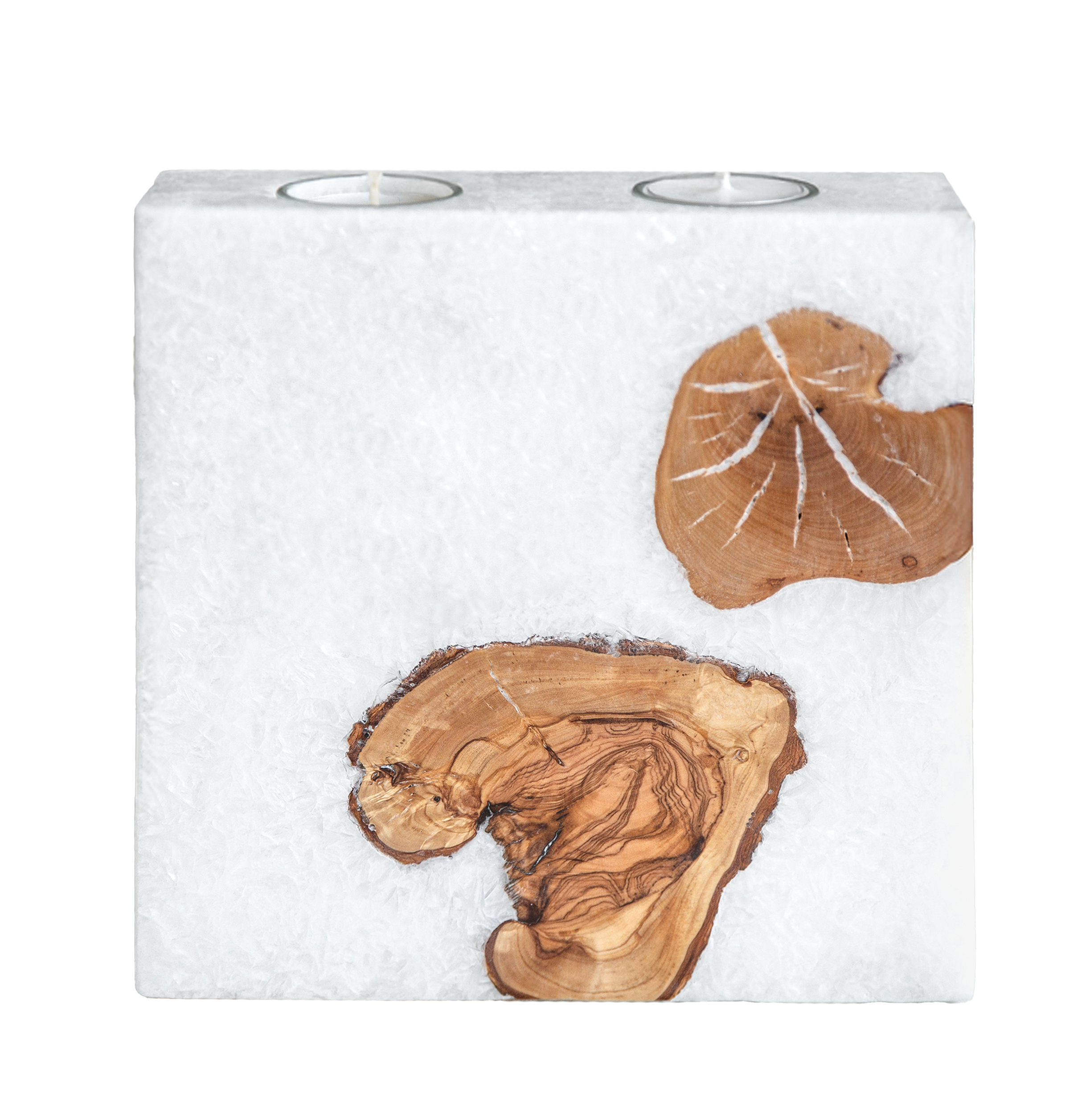 Kerzenrohling aus Stearin Holzkerzen Quadrat mit Teelichteinsatz 2 Holzstücke 20x20x7cm