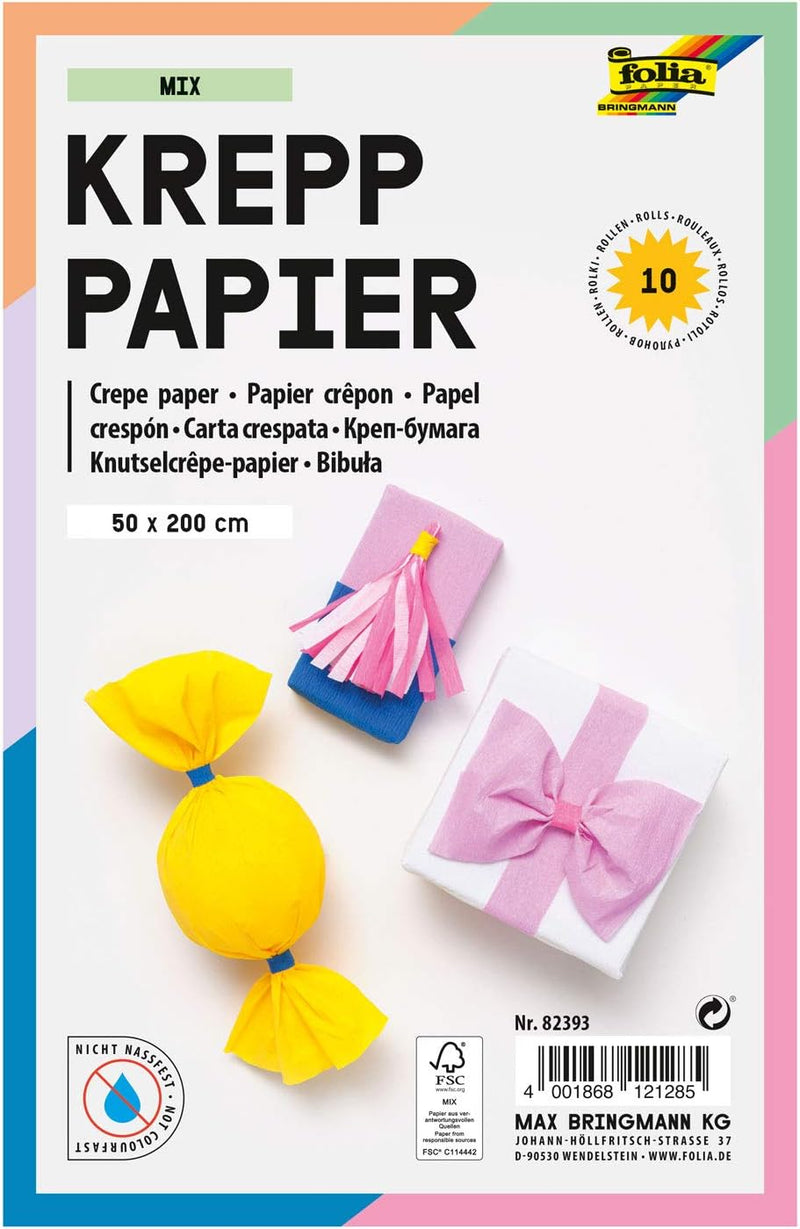 FOLIA Krepppapier Mix 10 Farben sortiert 50x200cm 10 Bögen