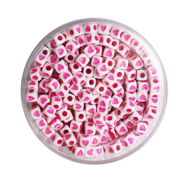 Kunststoffperlen Würfel mit Herzen 5x5mm 50g / Dose