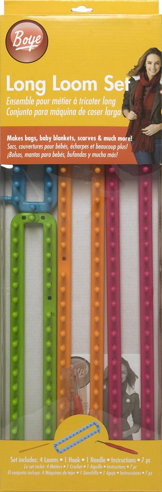 Langwebstuhl-Set, Strickring-Set, rechteckig, 4 Webstühle, 1 Hacken, 1 Nadel