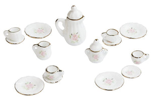 Miniatur Porzellan-Kaffeeservice 1-3,5cm weiß-rosa mit Goldrand 15-Teile / Set