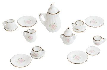 Miniatur Porzellan-Kaffeeservice 1-3,5cm weiß-rosa mit Goldrand 15-Teile / Set