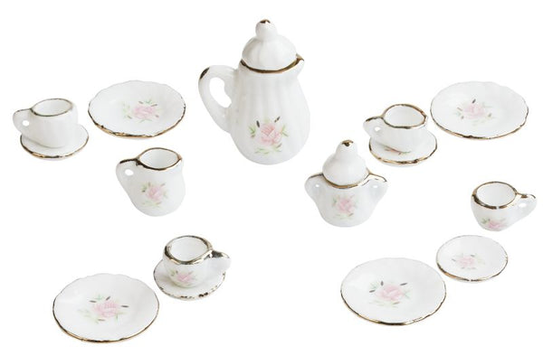 Miniatur Porzellan-Kaffeeservice 1-3,5cm weiß-rosa mit Goldrand 15-Teile / Set