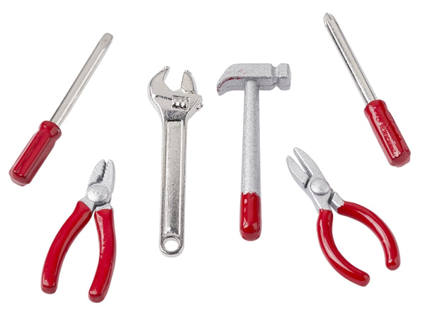 Mini-Werkzeug-Set aus Metall silbern rot 2cm 6-teilig sortiert