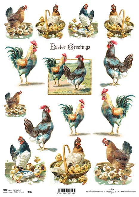 Reispapier Easter Greetings Hahn und Hennen A4 25-30g/m² 1 Bogen