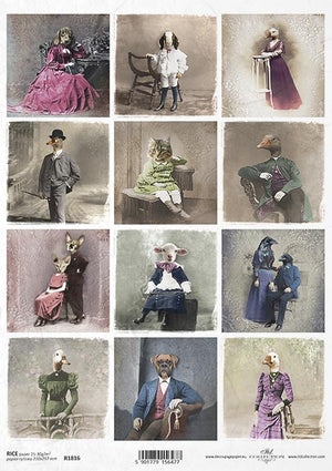 Reispapier Portraits mit Tierköpfen A4 210x297mm 25-30g/m² 1 Bogen