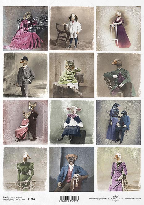 Reispapier Portraits mit Tierköpfen A4 210x297mm 25-30g/m² 1 Bogen