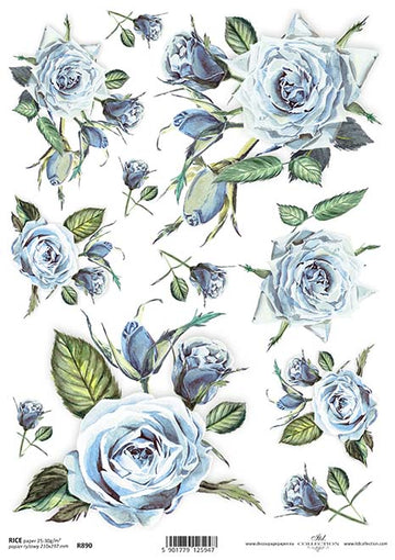 Reispapier Rosen Vintage blau A4 210x297mm 25-30g/m² 1 Bogen