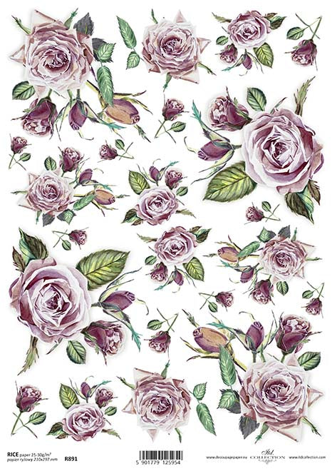 Reispapier Rosenblüten Rosenköpfe lila A4 210x297mm 25-30g/m² 1 Bogen
