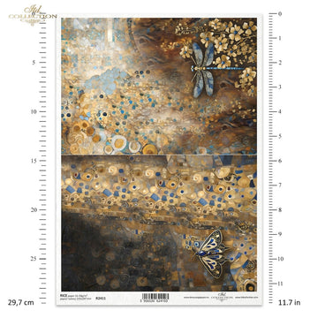 Reispapier Klimt Libellen & Motten Art Nouveau Goldmosaik A4 1 Bogen
