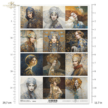 Reispapier Portrait Frauen Klimt-Stil Art Nouveau A4 30-35g/m² 1 Bogen