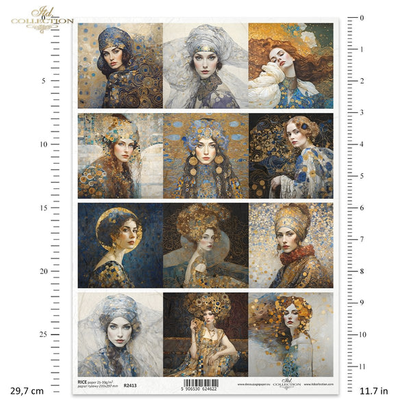 Reispapier Portrait Frauen Klimt-Stil Art Nouveau A4 30-35g/m² 1 Bogen