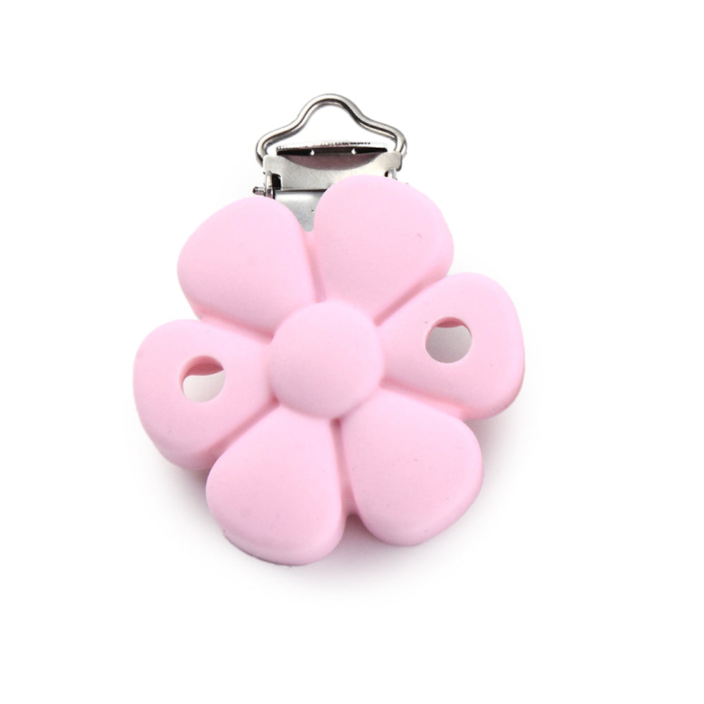 Schnullerkettenclip Blume aus Silikon rosa 52x40x23mm Lebensmittelqualität