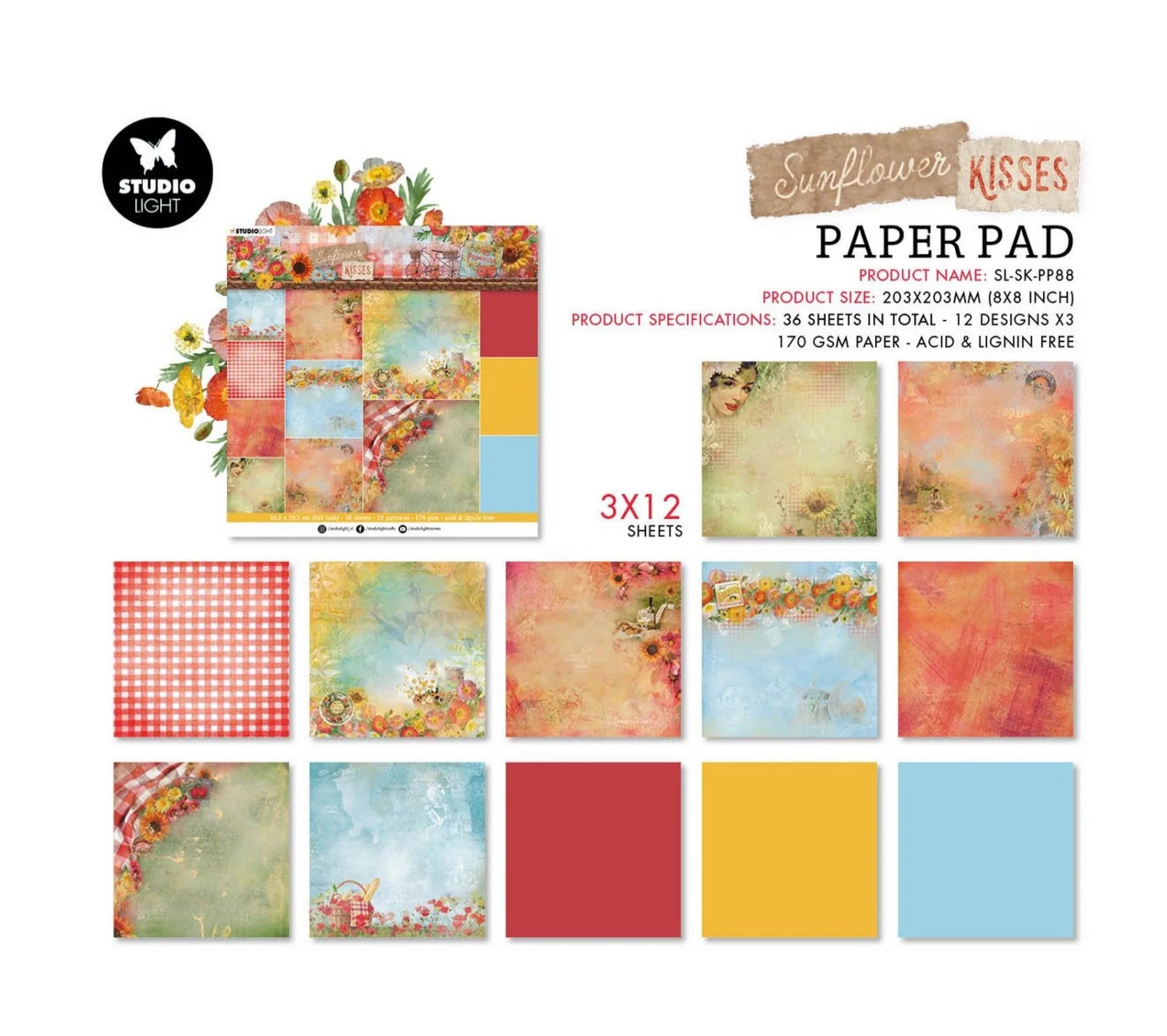 Studio Light Sunflower Kisses Papierblock Hintergrundpapier 20,3 x 20,3 cm, 36 Blatt