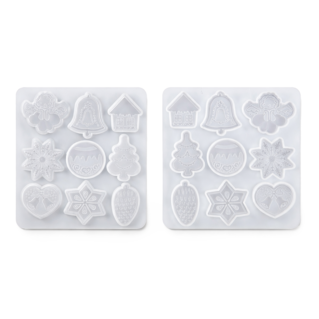 Silikongießform Weihnachten Anhängerformen Tanne Schneeflocke Glocke & Haus lebensmittelecht 130x115mm