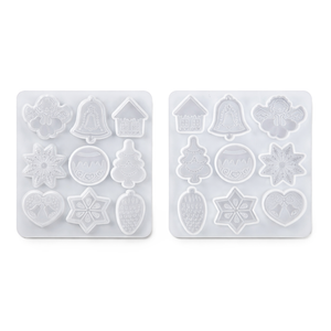 Silikongießform Weihnachten Anhängerformen Tanne Schneeflocke Glocke & Haus lebensmittelecht 130x115mm