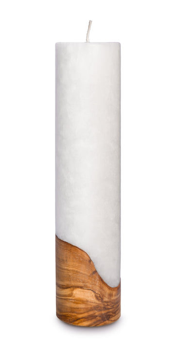 Stumpenkerze Stearin 25x6cm mit echtem Olivenholzstück und Kristalloptik
