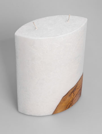 Stearinkerze Ovalrohling mit Olivenholzeinsatz strukturierte Oberfläche mit 2 Dochten 21x16x8cm