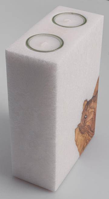 Stearinkerze Rechteck Rohling mit Olivenholzeinsatz und Teelichteinsatz strukturierte Oberfläche 21x14x7cm