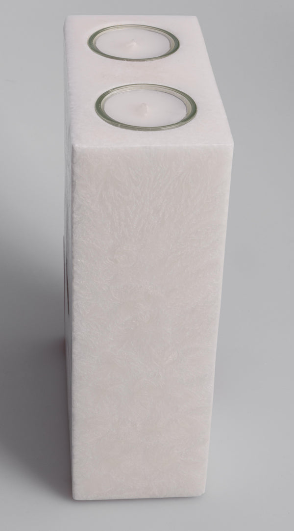 Stearinkerze Rechteck Rohling mit Olivenholzeinsatz und Teelichteinsatz strukturierte Oberfläche 21x14x7cm
