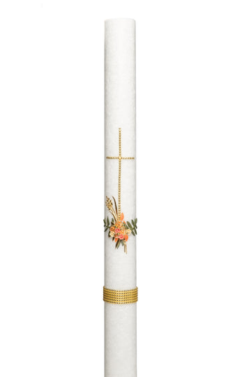 Taufkerze Stearinkerze mit Kreuz und Blumenbouquet apricot, 40x3cm inkl. Karton