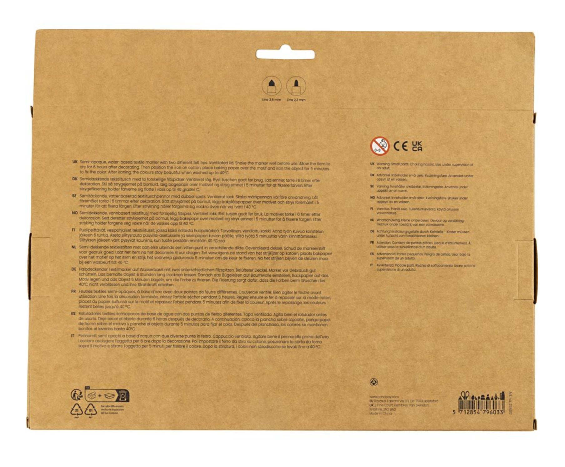 Textil-Marker Stoffmalstifte Strichstärke 2,3+3,6 mm Standard-Farben 20 Stück