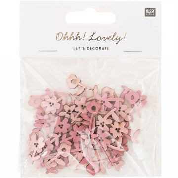 Streuteile Blumen aus Holz Rosa-Töne 13mm x 20mm - 15mm x 20mm 48 Stück