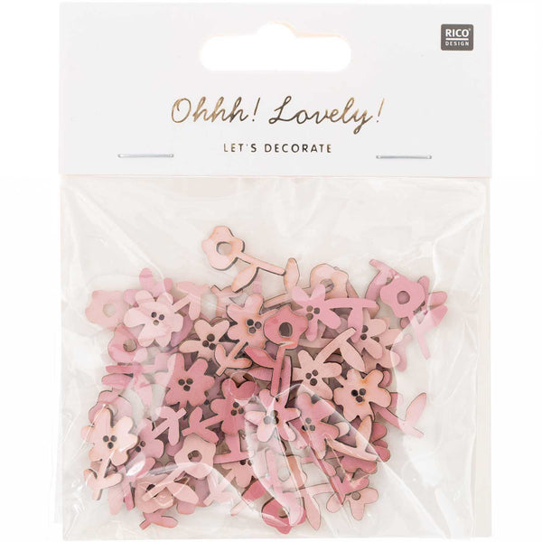 Streuteile Blumen aus Holz Rosa-Töne  13mm x 20mm - 15mm x 20mm 48 Stück