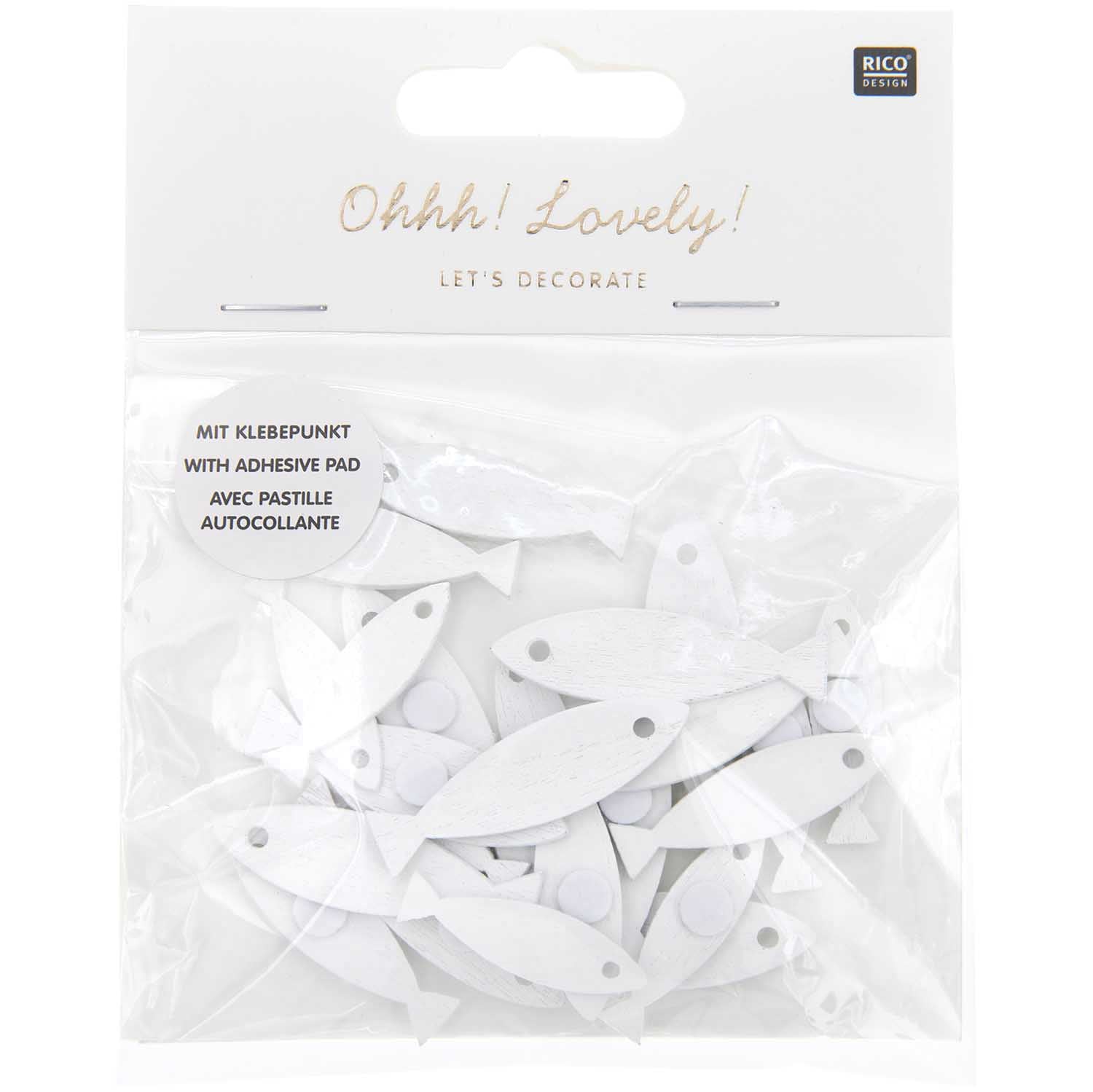 Holz-Streuteile Fische weiß mit Klebepunkt 8,5x30mm - 11,5x40mm 24 Stück