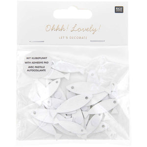 Holz-Streuteile Fische weiß mit Klebepunkt 8,5x30mm - 11,5x40mm 24 Stück