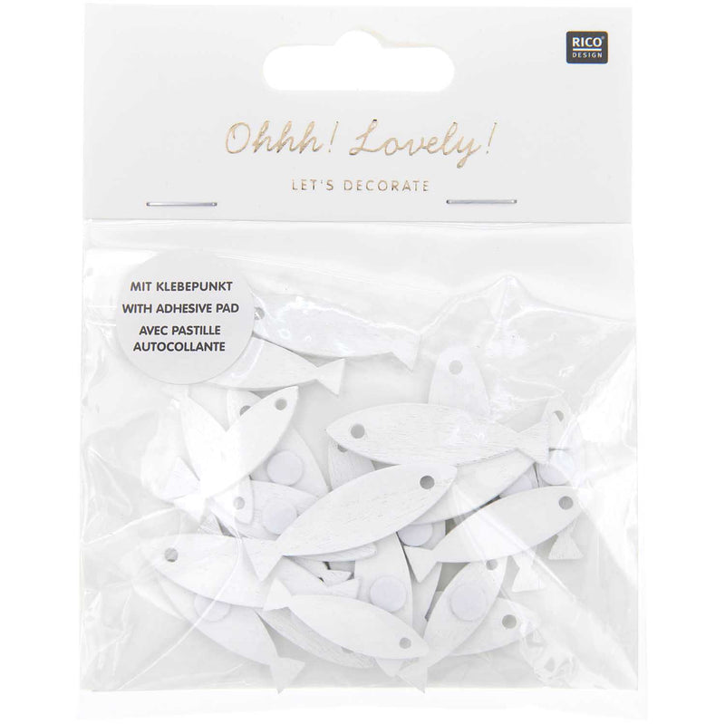 Holz-Streuteile Fische weiß mit Klebepunkt 8,5x30mm - 11,5x40mm 24 Stück