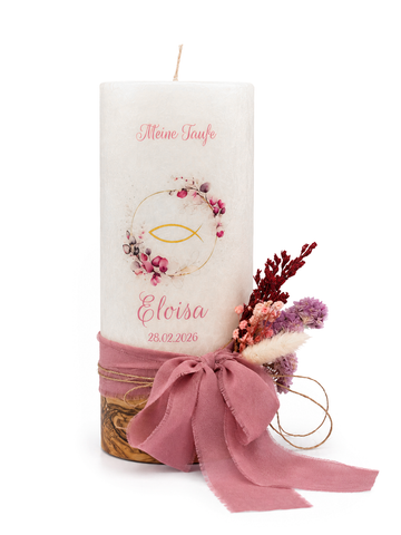 Taufkerze Stearin mit Olivenholz Blumenbouquet und Fisch rosa 25x8cm