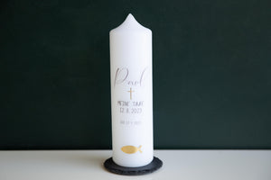 Taufkerze modern schlicht mit Fisch & Kreuz personalisiert 25x7 cm