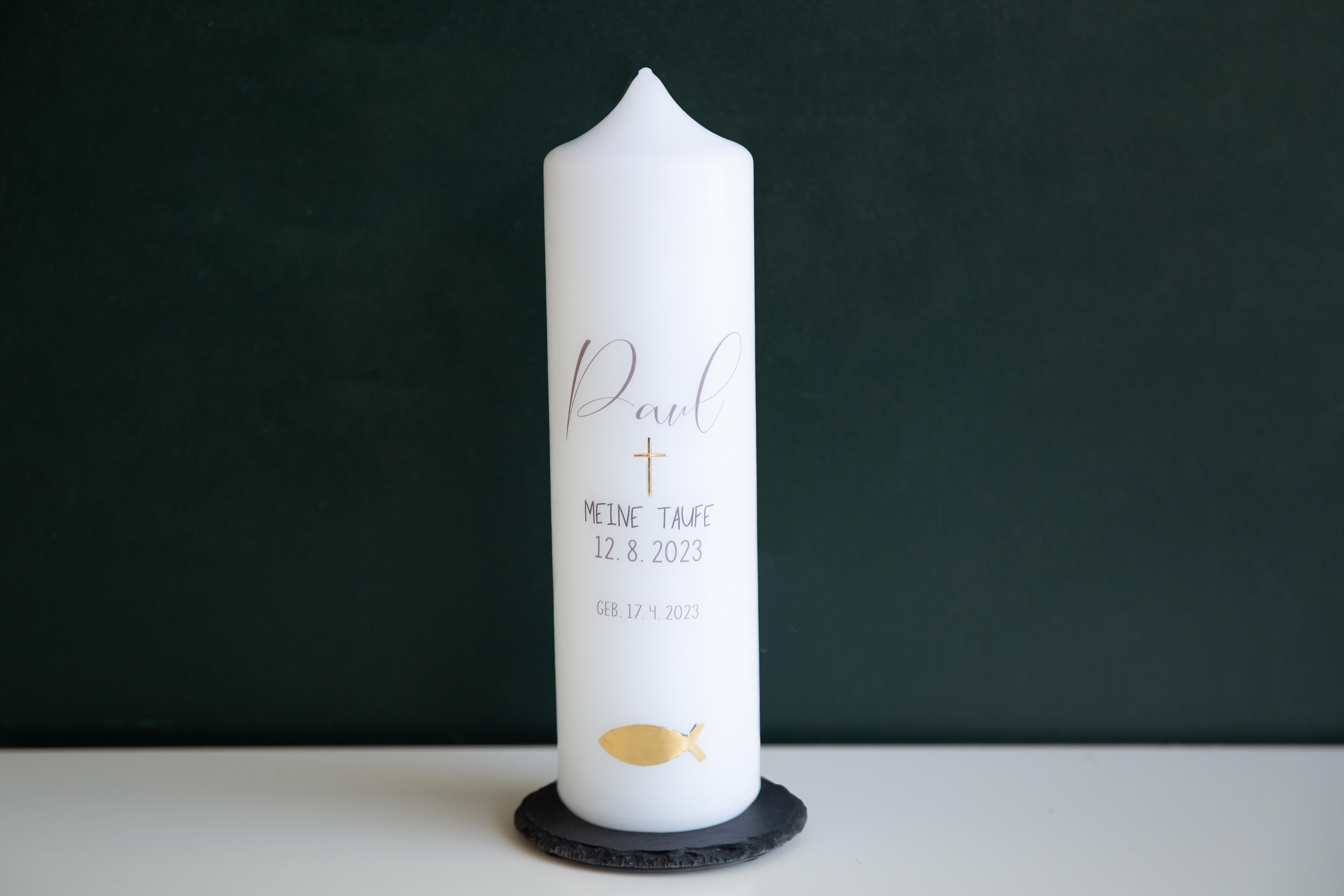 Taufkerze modern schlicht mit Fisch & Kreuz personalisiert 25x7 cm