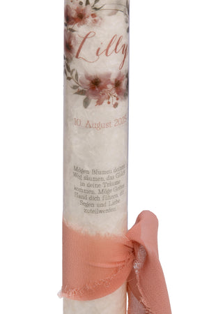 Taufkerze mit Kirschblütenkranz und goldenem Wachskreuz – Zarte Eleganz für einen besonderen Tag Stearinkerze 40x3cm