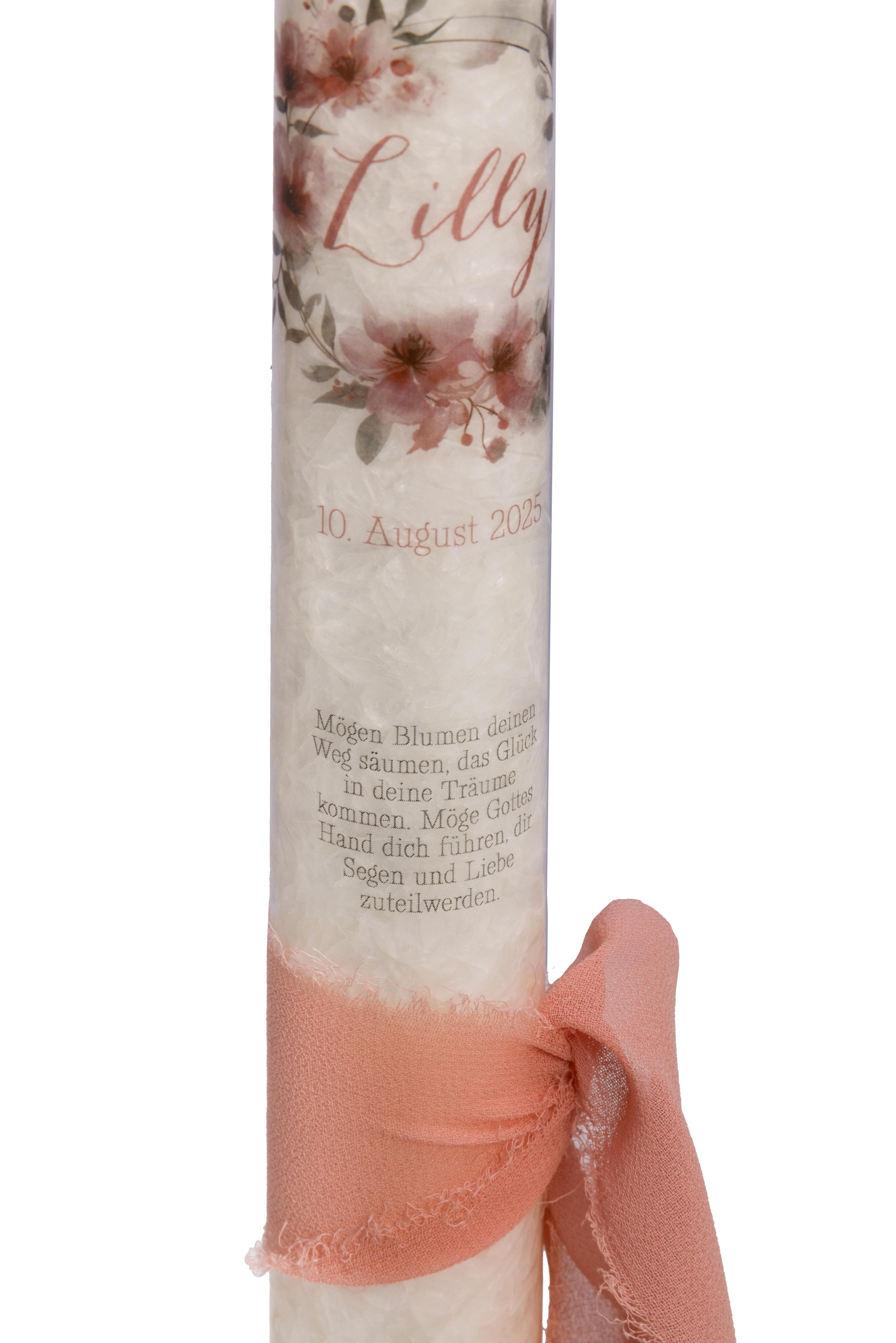 Taufkerze mit Kirschblütenkranz und goldenem Wachskreuz – Zarte Eleganz für einen besonderen Tag Stearinkerze 40x3cm