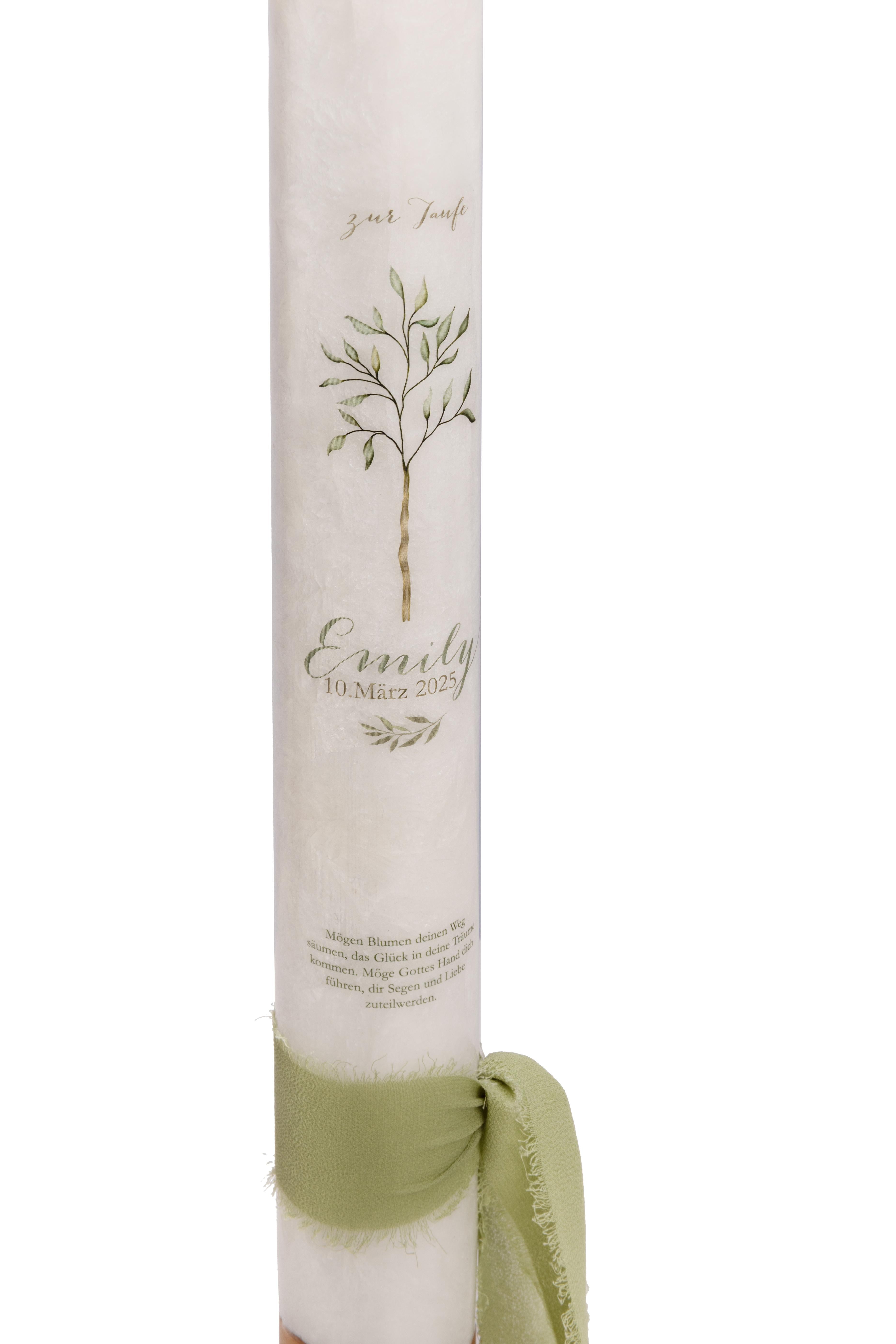 Taufkerze mit Lebensbaum-Motiv und Holzoptik - Natürliche Eleganz zur Taufe 40x4cm