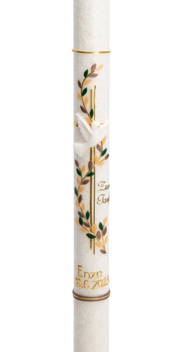 Taufkerze Stearin Blätterranke Kreuz gold beige/grün  40x3cm inkl. Karton