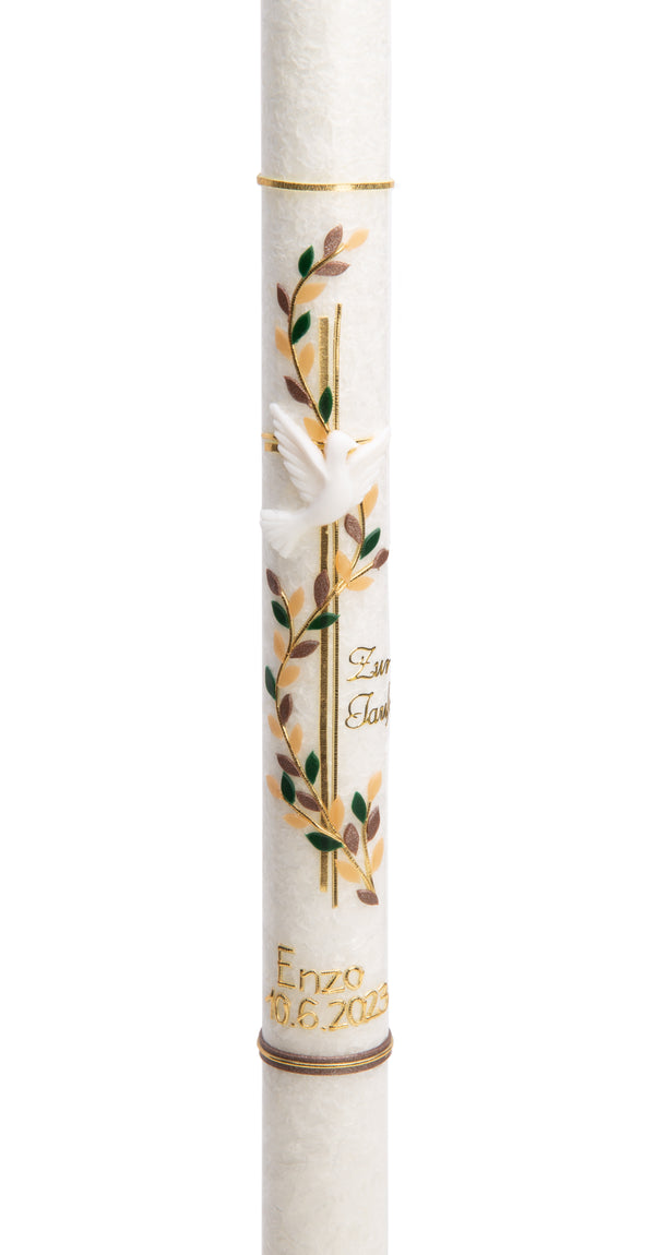 Taufkerze Stearin Blätterranke Kreuz gold beige/grün  40x3cm inkl. Karton